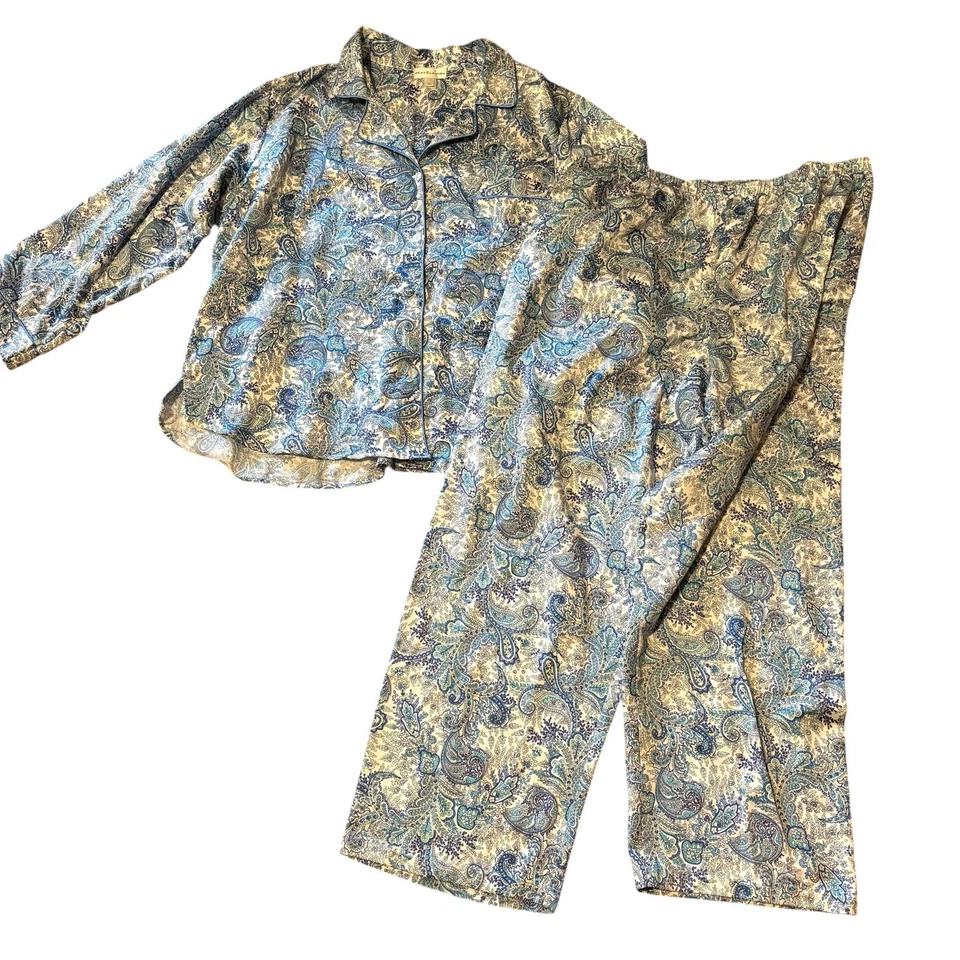 Conjunto de Pijama Miss Elaine Sliky Talla XL Top Pantalones Azul Paisley Estampado Floral Foto 2 de 4