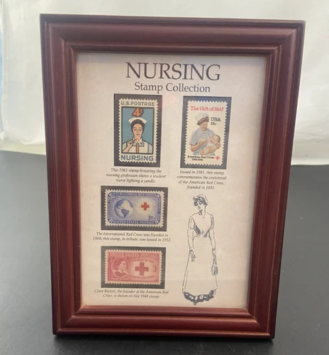 VTG Framed US Stamp Collection Nursing Red Cross Medical Multicolor 1948-1981