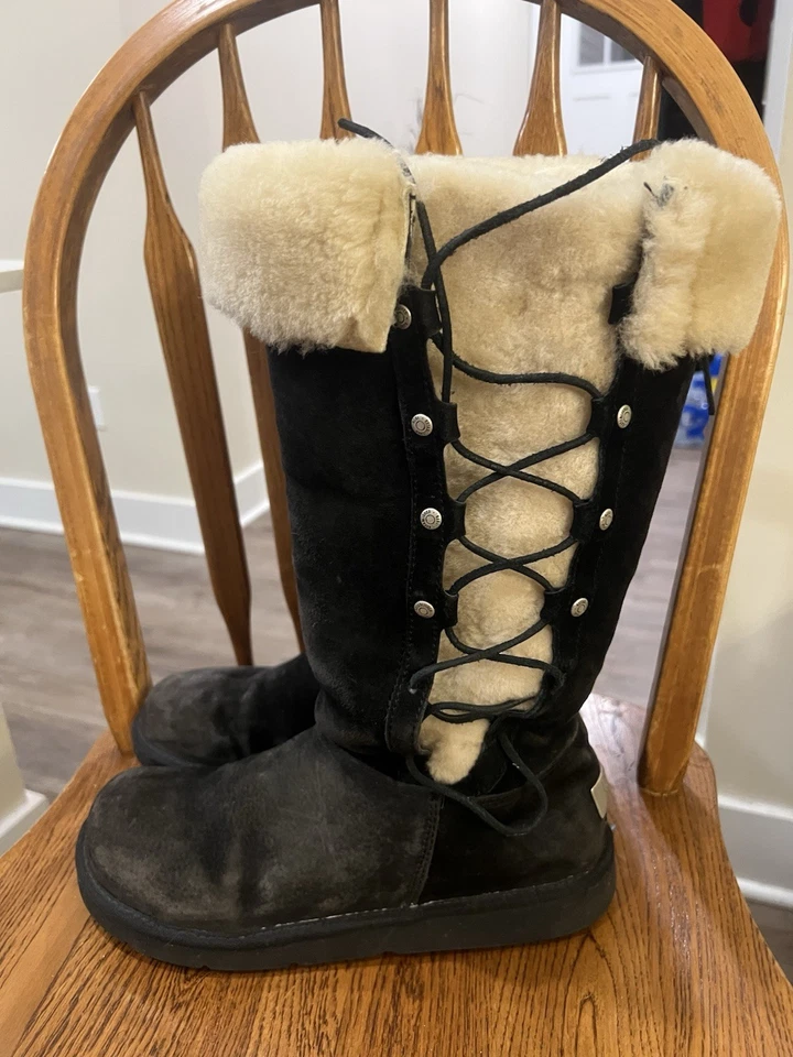 UGG Australia вверх ногами высокий 5163 черная замша шнурует вверх зимние ботинки Sz 10 - Изображение 2 из 4