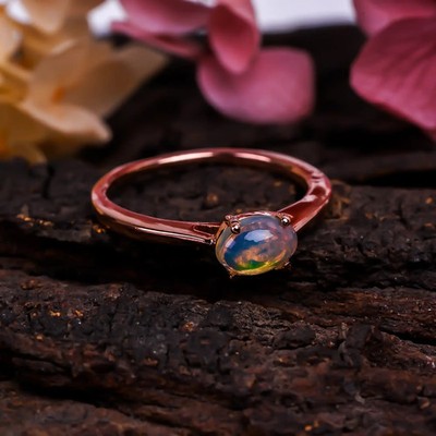 Dainty Ethiopian Opal Ring | 925 Sterling Silver Handmade Fire Opal Gemstone Jew