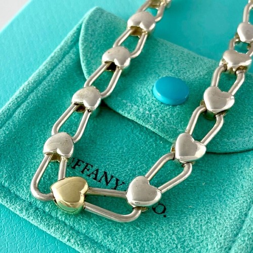 Tiffany & Co. Heart Lock Link Necklace Silver Gold "16.5 P260fe