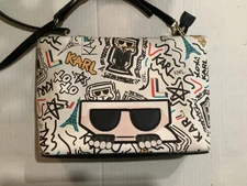 KARL LAGERFELD PARIS GRAFFITI WHITE CROSSBODY FAUX LEATHER HANDBAG BAG PURSE
