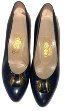 Ferragamo Kitten Pumps Heels navy Leather luxury Italy Size 7 B