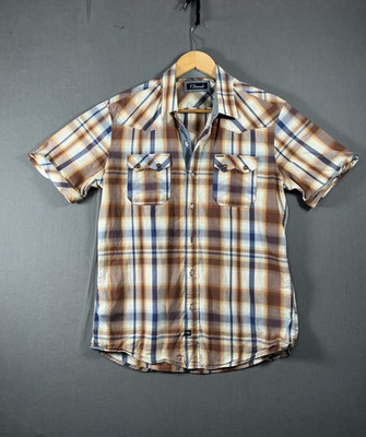 7 Diamonds Men's Medium Button-Up Shirt, Short Sleeve Brown Plaid