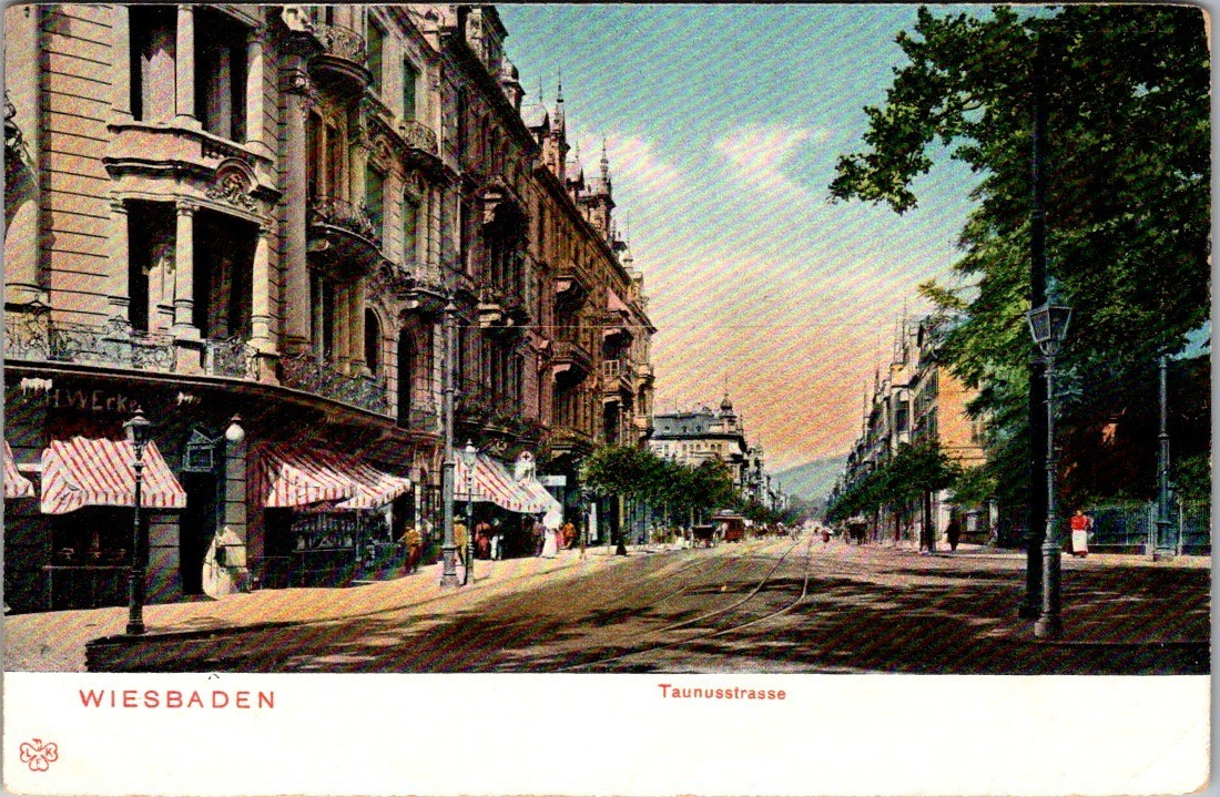 Antique Germany Postcard Wiesbaden Taunusstrasse Street Scene c.1910 L. Klemeni