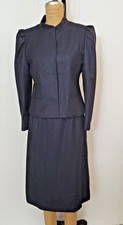 Vintage 1980s Navy pinstripe Wool skirt suit /puffy sleeves /mandarin collar