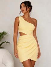 SHEIN Yellow One Shoulder Cut Out Bodycon Mini Dress Ruched Party Size S
