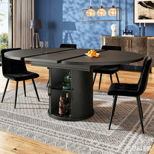 Extendable Dining Table with 4 Black Chairs Set, Round to Oval Table w/ Storage