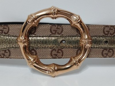 34. Gucci Brown Leather Gold Bamboo Belt Auth Gucci Monogram Canvas Gold Metallic Leather Bamboo  main image 3