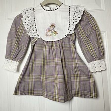 Girls VTG Dress Sz 5 Embroidered Mouse Lace Collar Sleeves Gingham Print Tie