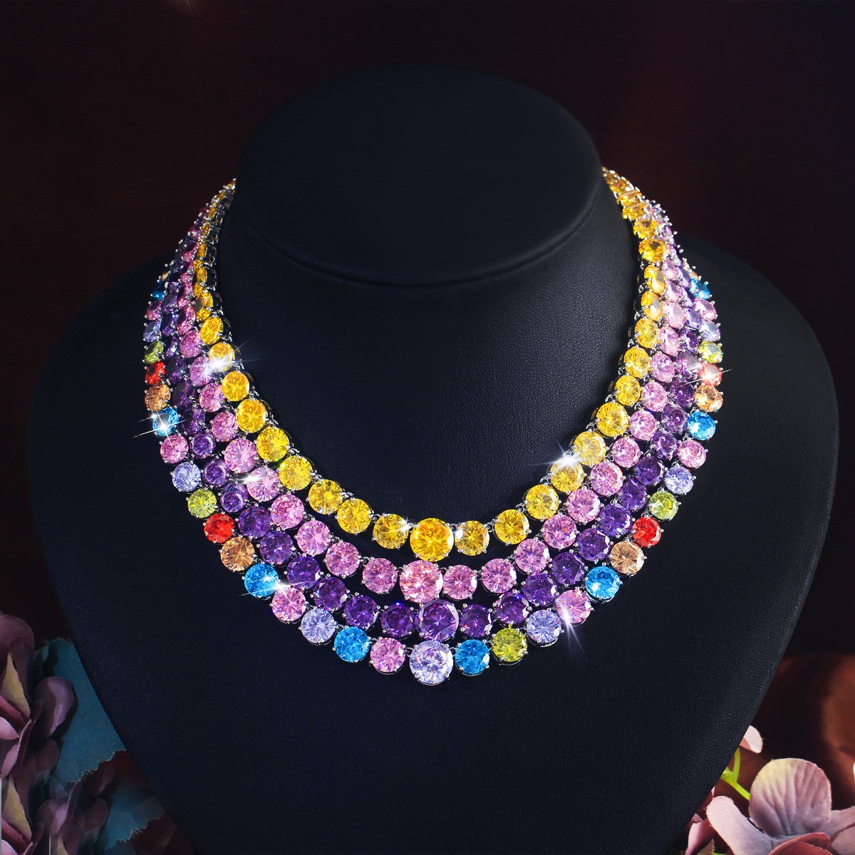 Multicolor Big Round Cubic Zirconia Tennis Necklace Silver Plated Bridal Jewelry