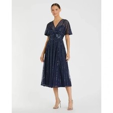 Mac Duggal Midnight Blue Embellished Short Sleeve Midi Dress Size 4 $398
