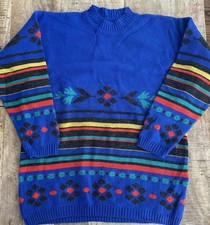 Vintage Sweater Medium Blue Aztec Native American Southwestern 50 wool