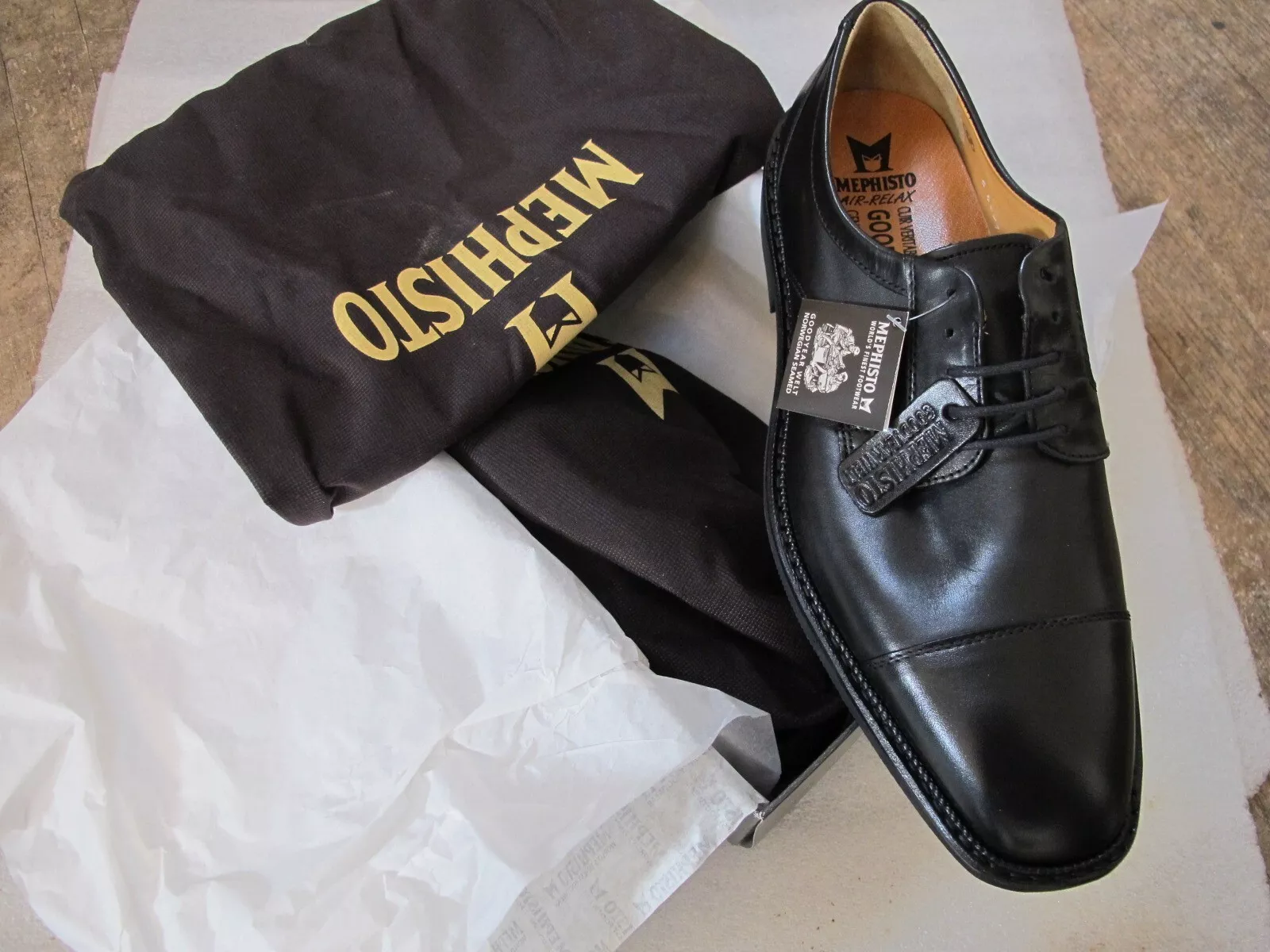 Mephisto Poley cuir noir Supreme 7300, Oxfords US 44, étiquettes, boîte, sacs