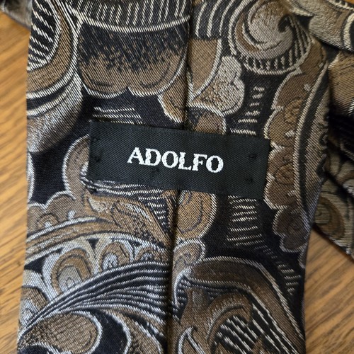 Adolfo Silk Neck Tie Black Gold Brown White Paisley Print Men's Short USA 56 x 4 - Picture 4 of 8