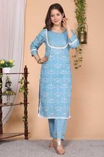 Women's Premium Sky Blue Kurti with Pant For Party Housewarming Casual Wear Item