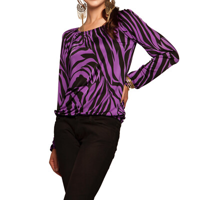 Flora Kung NWT $190 Purple Black Silk Print Bellowy Blouson Peasant Boho Top M