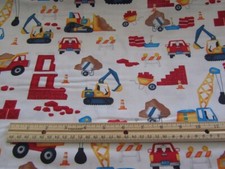 White Studio E Construction Trucks/Dozers Cotton Fabric by the Yard