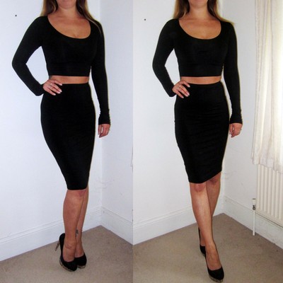 Womens Long Sleeve Co Ord Set 2 Piece Clingy Black Party Dress Size 8 10 12 14 | eBay