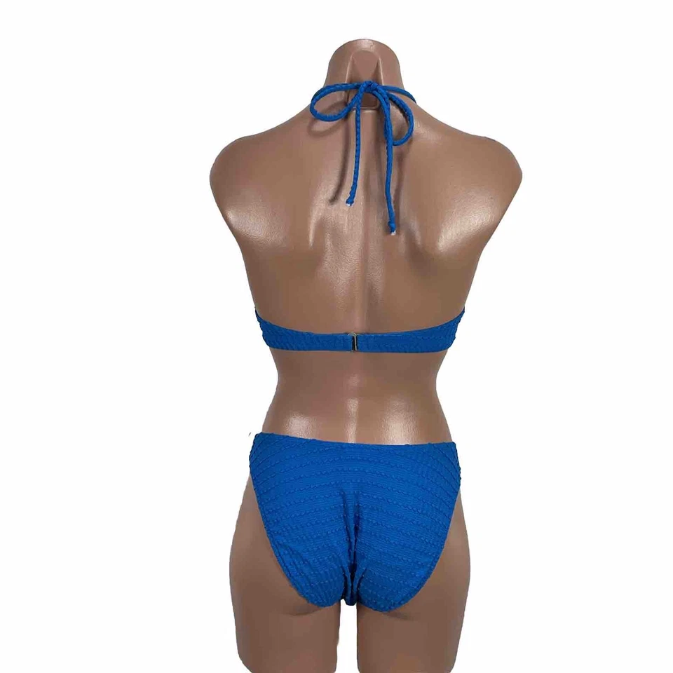 Vtg High Cut High Waist Bikini Swimsuit 90’s y2k Ribbed Crochet Blue Halter 2pc - Image 2 of 4