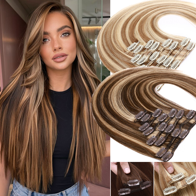 8pcs Clip On Hair Extensions Clip In 100% Real Human Hair Extensions Weft  Ombre