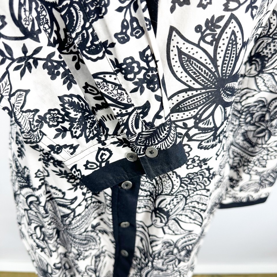 Pell & Co Bold Black and White Floral Button Shirt Tunic Top Cotton