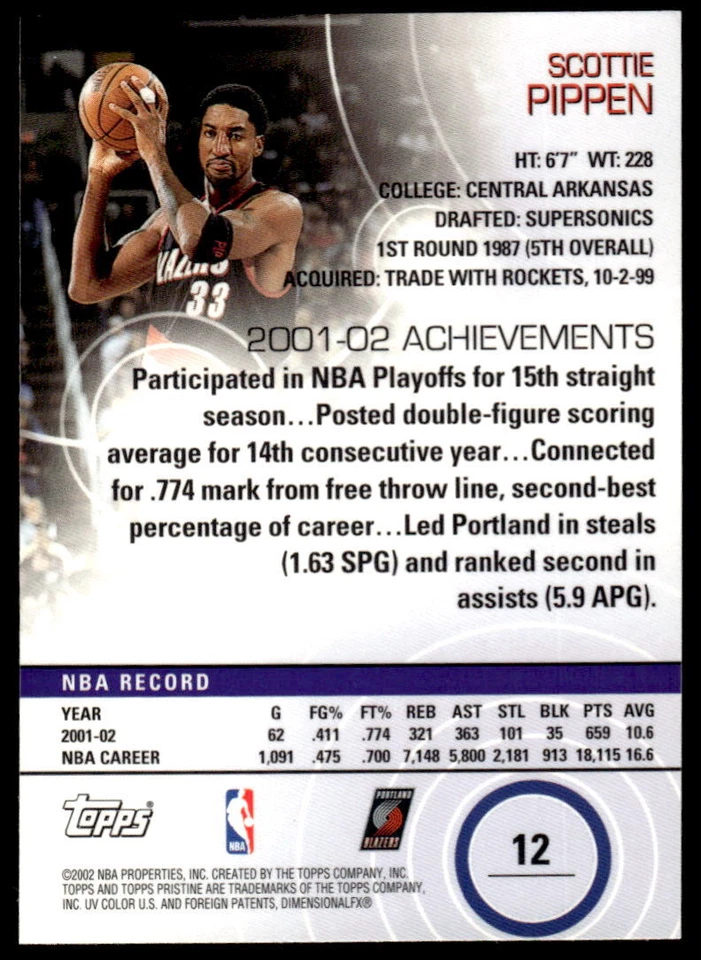 2002-03 Topps Pristine #12 Scottie Pippen BASKETBALL Portland Trail Blazers - Image 2 of 2