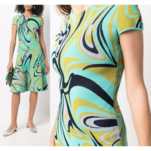 EMILIO PUCCI Turquoise Onde Print Fit & Flare Knit Knee Length Dress Size M - 第 1/13 張圖片