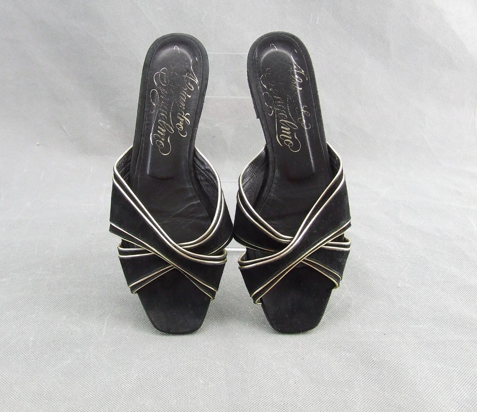 Alejandro Ingelmo Black Suede Leather Slides Metallic Gold Trim Sandals 38.5 — 第 4/4 张图片