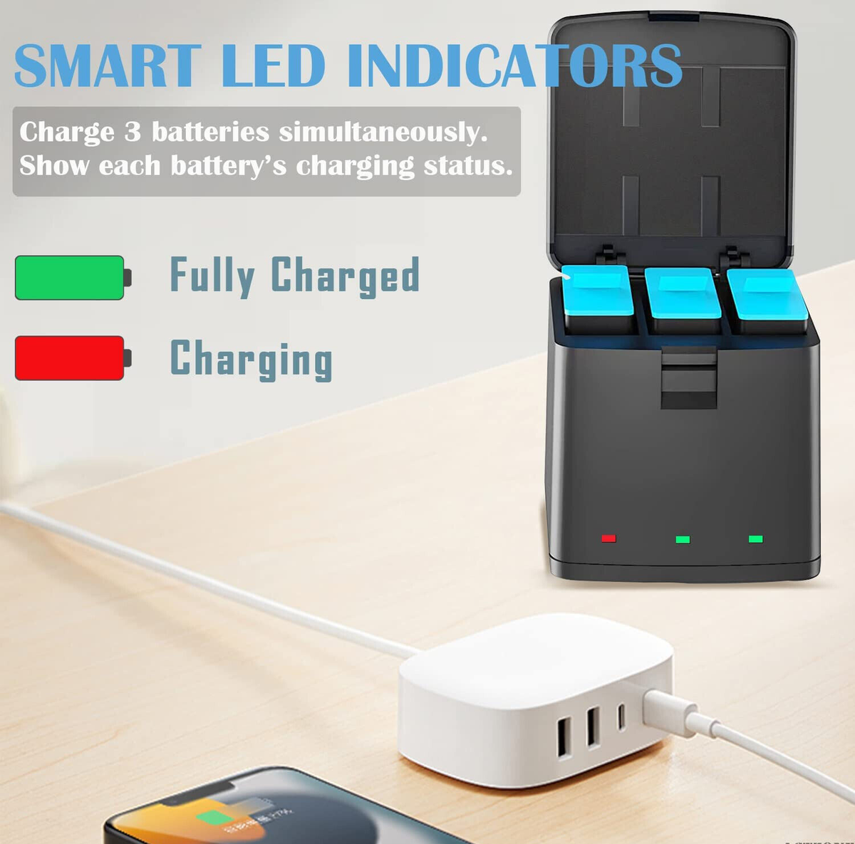 ASUNCELL 3 Batterie 2000mAh E Caricatore USB Per GoPro Hero 12/11/10/9 – LCD Dual Smart