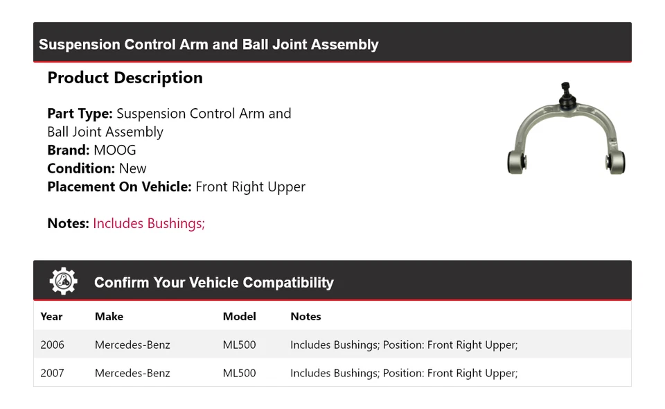 Braço de controle dianteiro direito superior MOOG 2006-2007 Mercedes-Benz ML500 - Imagem 2 de 4