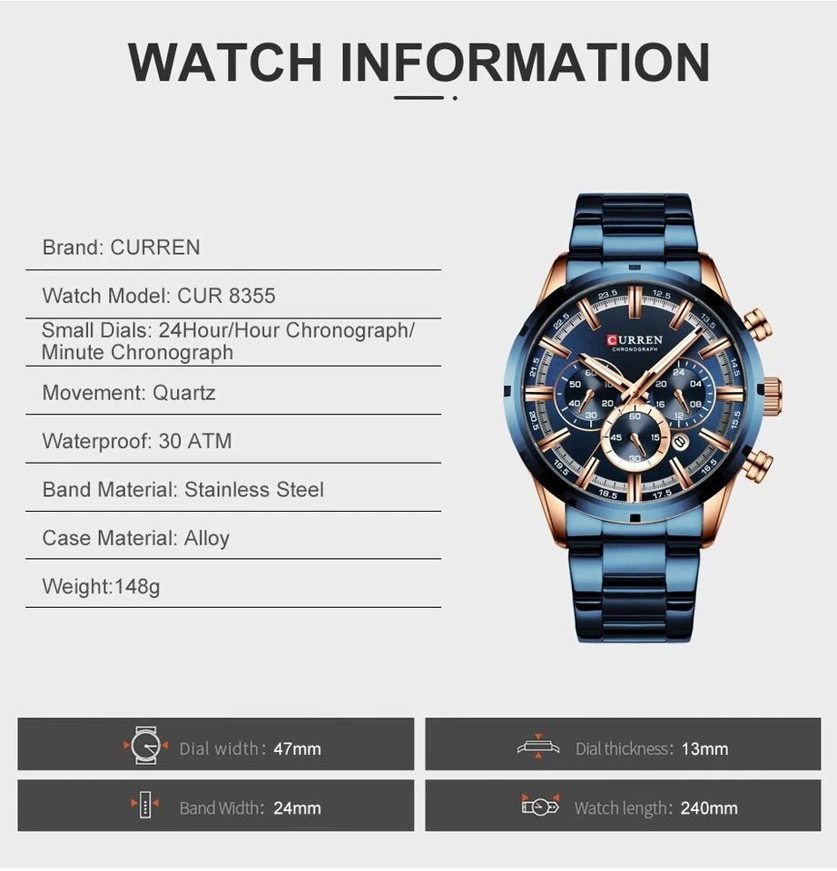 CURREN Men Watch Top Brand Luxury Sports Quartz Mens Full Steel Waterproof Watch - Image 4 of 4