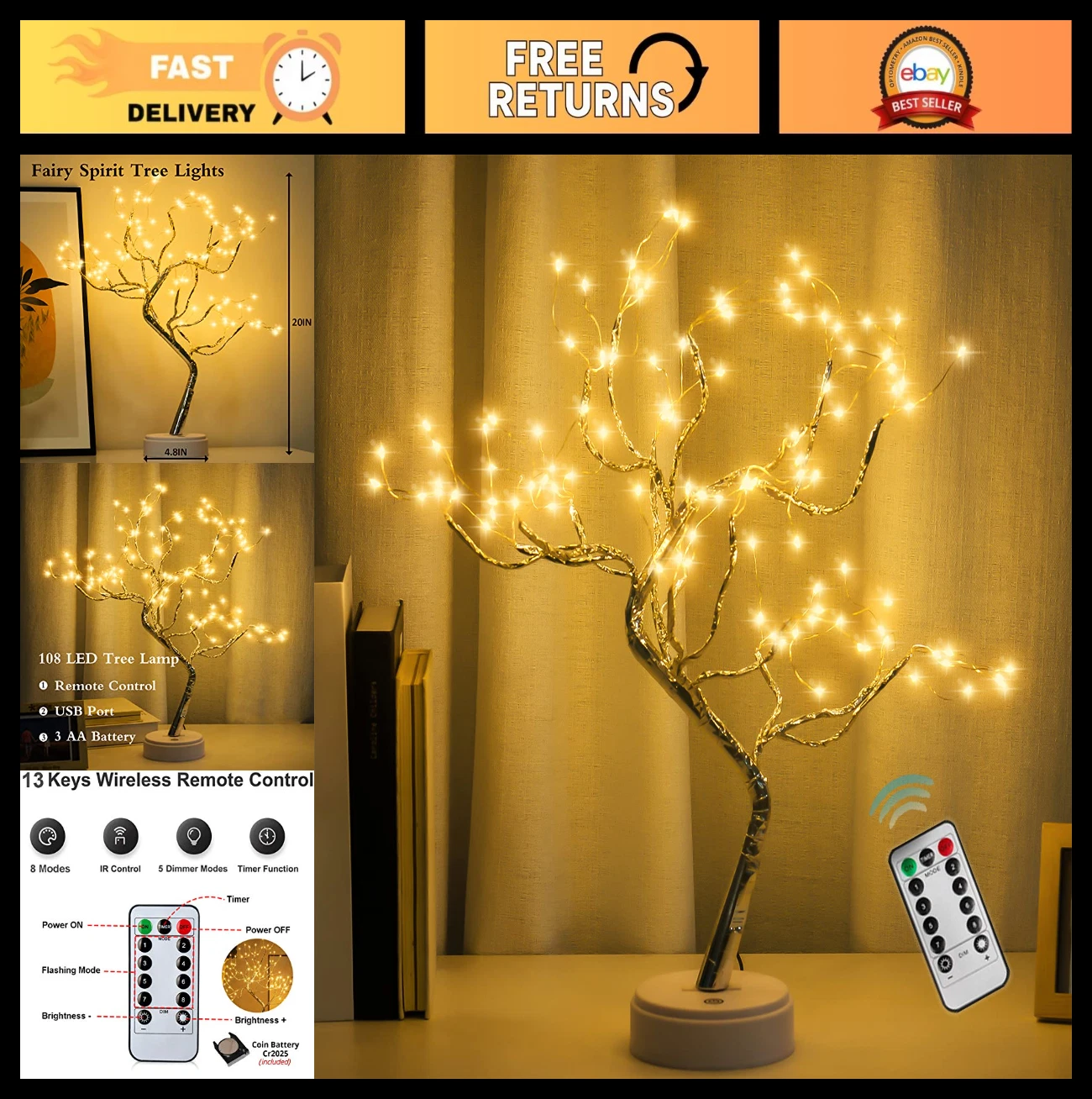 108 LED Fairy Tree Lamp - Warm White, Remote Control, USB/Battery, 8 Modes, DIY