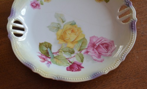 Antique Porcelain Pink & Yellow Rose Handled Serving Plate PK Silesia 9 1/4" - Picture 5 of 12