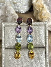 14k Yellow Gold Ladies Multi Color Multi Gemstone Dangle Drop Earrings