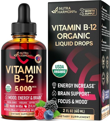USDA Organic Vitamin B12 Sublingual Drops - 5000 mcg Liquid Vegan... 