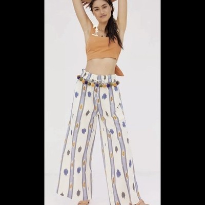 Anthropologie Ollari New York Pom Pom Wide-Leg Blue Multicolor Pants