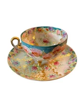 Tea Cup & Saucer Delicate obsolescent Bone China Floral 3 Footed Cup Gold Guilt