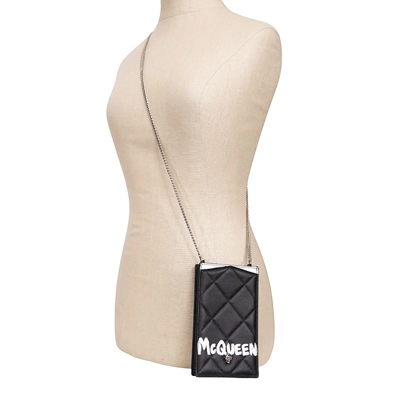 Alexander McQueen — NEW $720 ALEXANDER MCQUEEN Black MINI SKULL GRAFFITI LOGO Leather PHONE CASE BAG