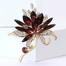 Luxury Purple Flower Bouquet Brooch Rhinestone Crystal Gold Floral Pin Jewelry G