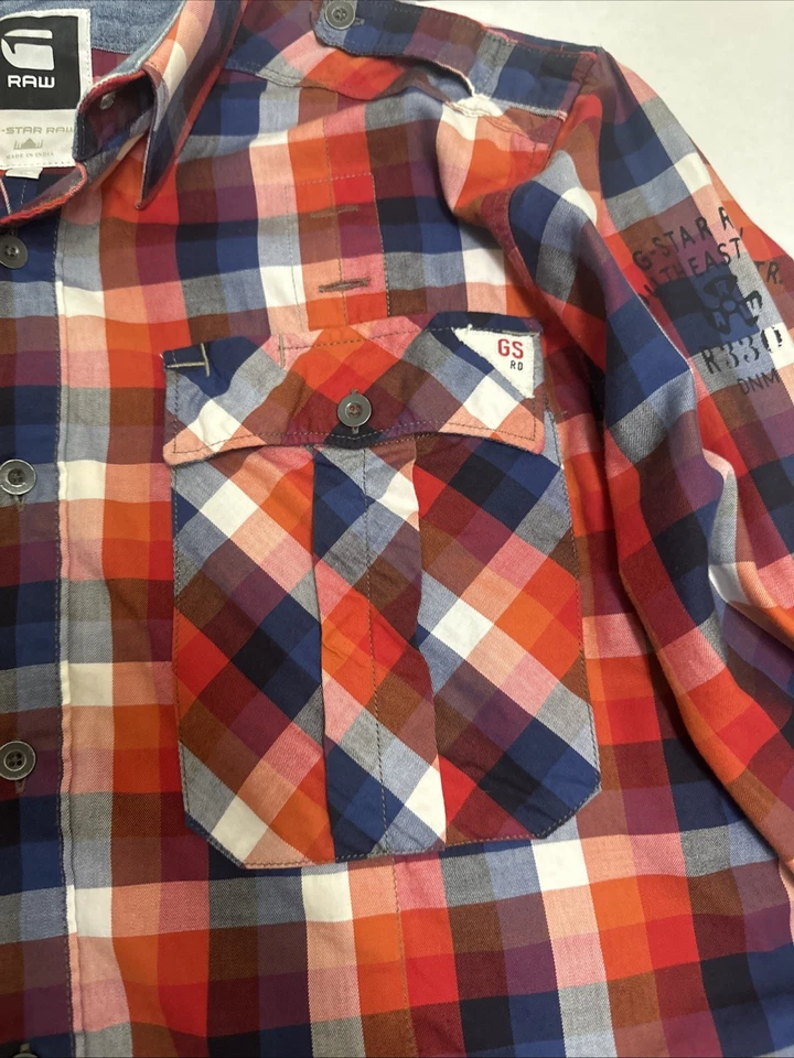 Camisa G Star Raw Western Para Hombres XL Cuadros Manga Larga Metal Botones Rodeo Vaquero Foto 3 de 4