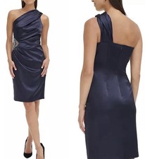 Eliza J One Shoulder Dress Size 6 Satin Cocktail Beaded Ruched Navy Women’s