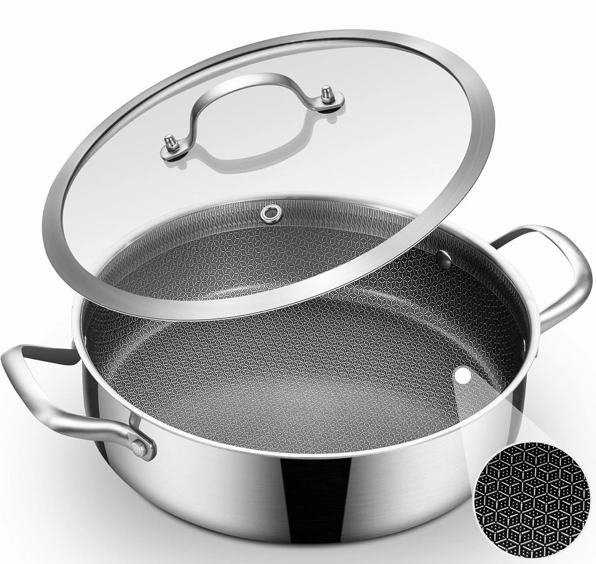 5 QT Hybrid Nonstick Saute Pan with Lid, Tri-Ply Stainless Steel Deep Frying ...