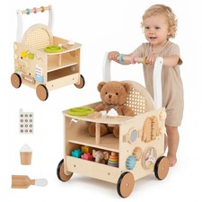 Wooden Baby Walker, 13-In-1 Toddler Push Walker w/Wheels Storage for Boys Girls