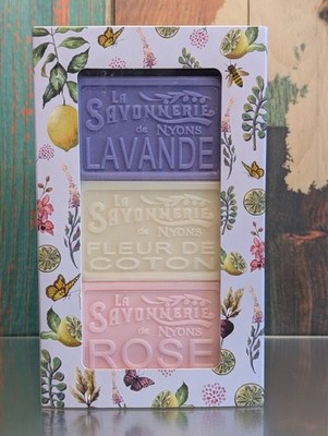 LA SAVONNERIE de NYONS SOAPS PERFUMED SET of 3 LAVENDAR COTTON FLOWER ROSE
