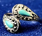 VINTAGE 925 STERLING SILVER RING; MARCASITES & SLEEPING BEAUTY TURQUOISE, Signed