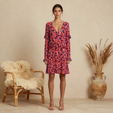 Boho Knee Length Dress Multi Floral Jersey Shift V-Neck Ruffles Stretch US 10