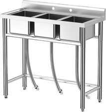 Three Compartment Commercial Kitchen Sink Stainless Steel with Hot  Cold Hoses
