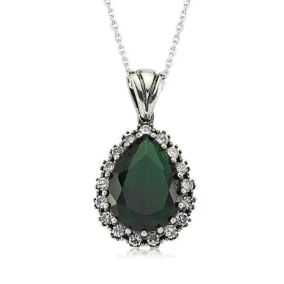 925 ECHT SILBER HURREM Sultan Stil Anhänger grüne Zirkonia Tropfen mit Kette NEU - Bild 1 von 2