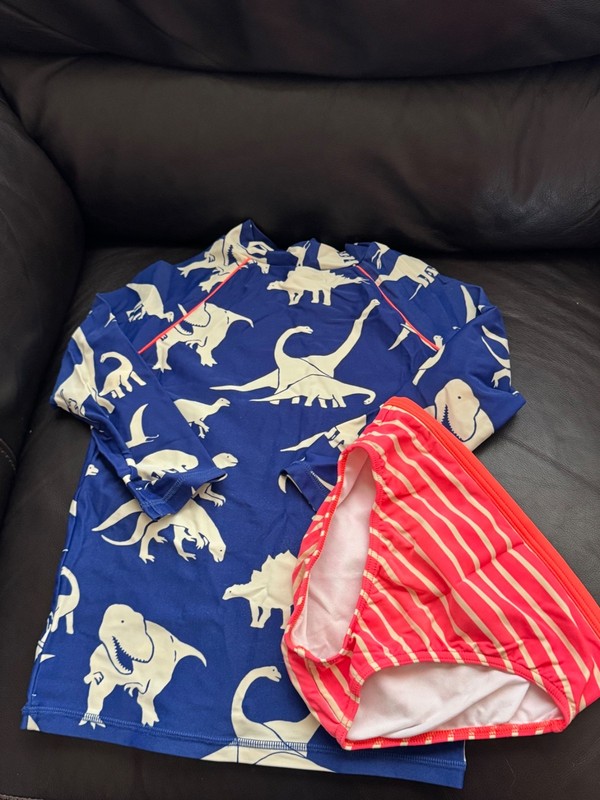 Mini Boden Girl’s Blue dinosaur Swim Suit Rash guard Size 9-10 Yrs.